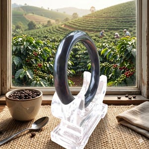May include: A smooth, dark gray, circular bangle bracelet rests on a clear, molded acrylic display stand. The stand is positioned on a textured tan surface next to a small ceramic bowl filled with roasted coffee beans and a silver spoon.