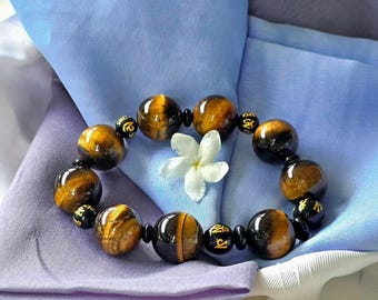 Bracelet pierres oeil de tigre jaunes noires Taille 16 mm Tour du poignet : 17-17,5 cm