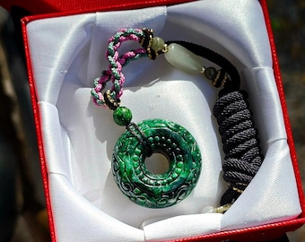 Donut Burmese Jade Pendant Green Apple White Dots Dark Green Black Carved Auspicious Clouds with Cord Natural Jade Type-A Width 3.18 cm