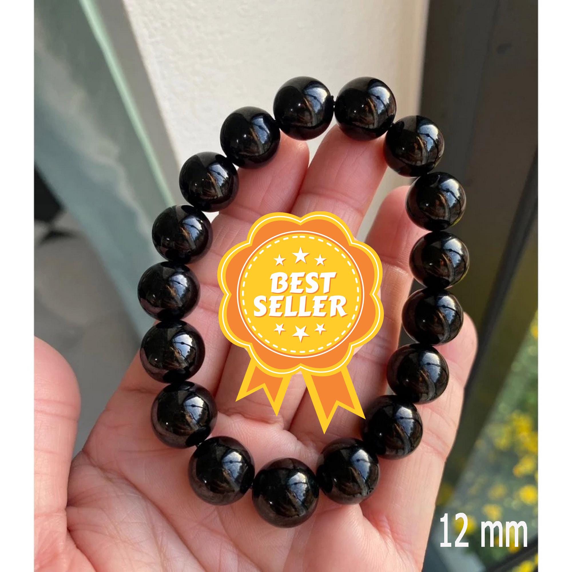 本物の黒翡翠ブレスレット：ビルマ産ビーズブレスレット、ナチュラル