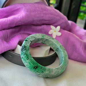 Burmese Jade Bangle: Natural Jadeite, Carved Vines (57.4 mm)