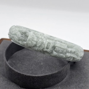 Burmese Jade Bangle White Light Green Jadeite Type A Bracelet Carved Dragon Wrapped Around an Ancient Chinese House Inner Size 59 mm