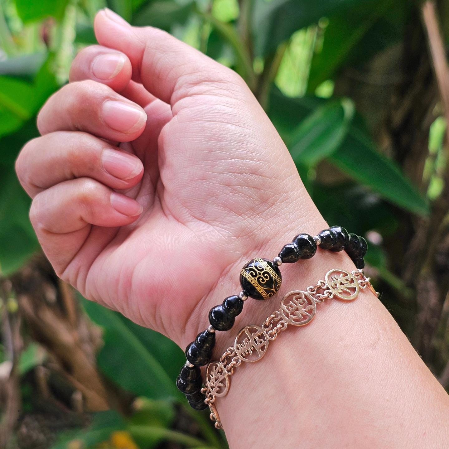 Burmese Black Jade Gourd Bracelet: Gold-painted Beads, 7.5 In - Etsy