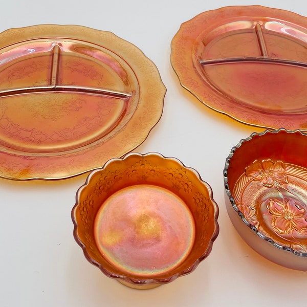 Vintage Federal Normandie Iridescent Orange Carnival Glass Marigold Plates and Bowls