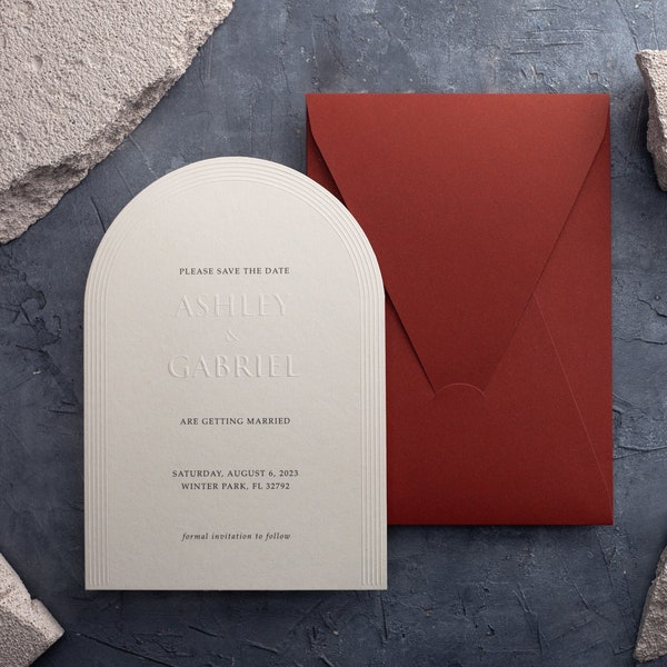 Wedding Invitations: Arch, Letterpress, Emboss, Minimalist Design, Embossed Card, Terracotta Envelope