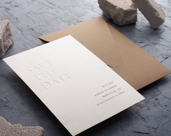 Save the Date: Embossed & Letterpress Card, Minimalist Design with Ecru Envelope