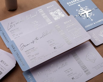 Destination Wedding İnvite: Passport-Style, Baby Blue & Silver Foil, Boarding Pass Format, Wedding Pass