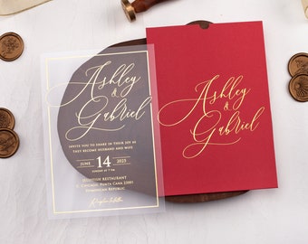 Custom Red & Gold Acrylic Wedding Invitation with Elegant Gold Foil Print