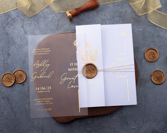 White & Gold Foil Acrylic Wedding Invitations with Folded Envelope, Gold Foil Print, Custom Wax and Seal