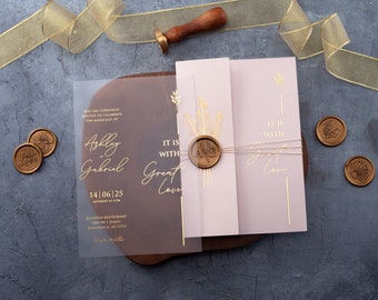 Folded Envelope, Pink & Gold Foil Acrylic Wedding Invitations with Custom Wax Seal