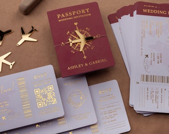 Burgundy & Gold Foil Passport-Style Wedding Invitation: Boarding Pass for Destination Wedding