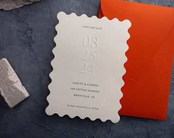 Minimalist Embossed Save-The-Date Card with Letterpress Design and Burnt Orange Envelope