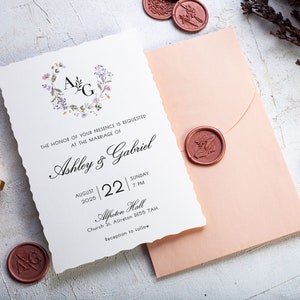 Pink Floral Wedding Invites with Deckled Edge, Stylish Minimalist Invitation Set for Reception. image 3