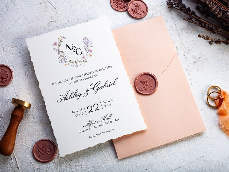 Pink Floral Wedding Invites with Deckled Edge, Stylish Minimalist Invitation Set for Reception. image 3