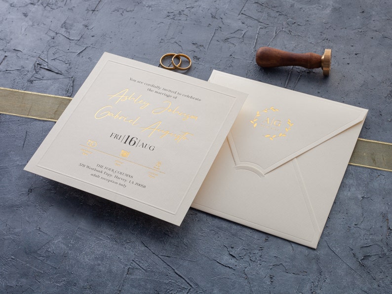Ivory Wedding Invitations, Elegant Gold Foil on Premium Paper image 1