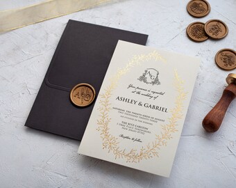 Vintage Black and Gold Wedding Invitations with Floral & Foil Frames