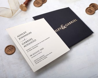 Black & Gold Wedding Invitation with Modern Minimalist Design, Featuring Gold Foil Print