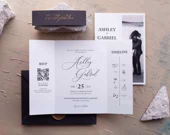 Folded Black & White Photo Wedding Invite, QR Code RSVP, Timeline, All-in-One Details