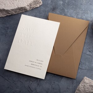 Save the Date: Embossed & Letterpress Card, Minimalist Design with Ecru Envelope image 4