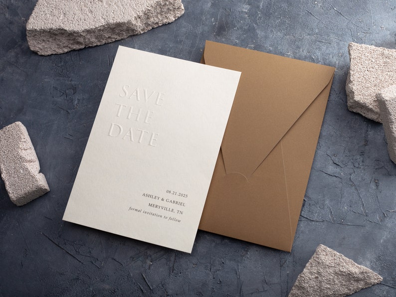 Save the Date: Embossed & Letterpress Card, Minimalist Design with Ecru Envelope image 4