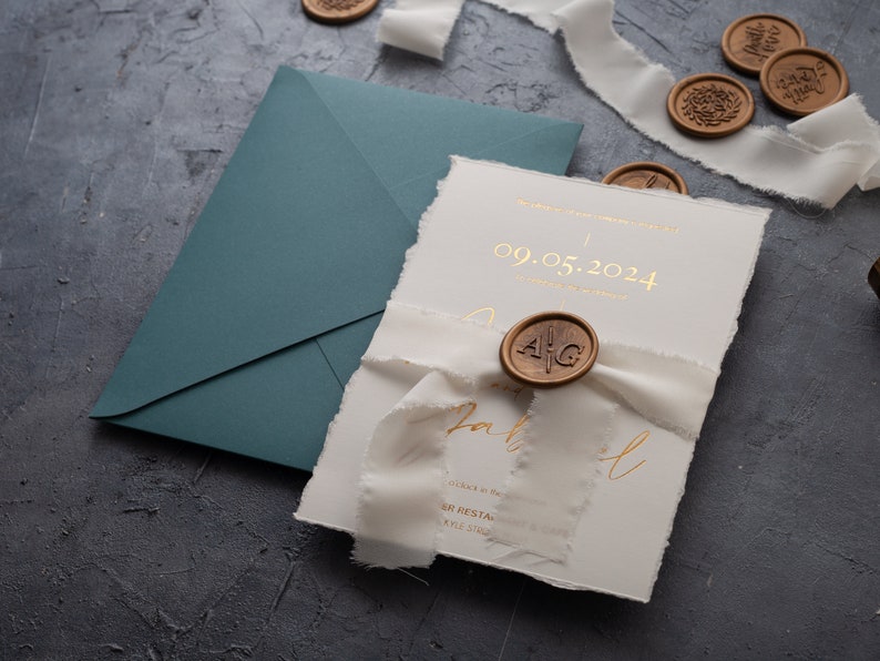 Deckled Edge Wedding Invitation with Gold Foil Print, Optionally Ribbon, Custom Wax Seal image 4