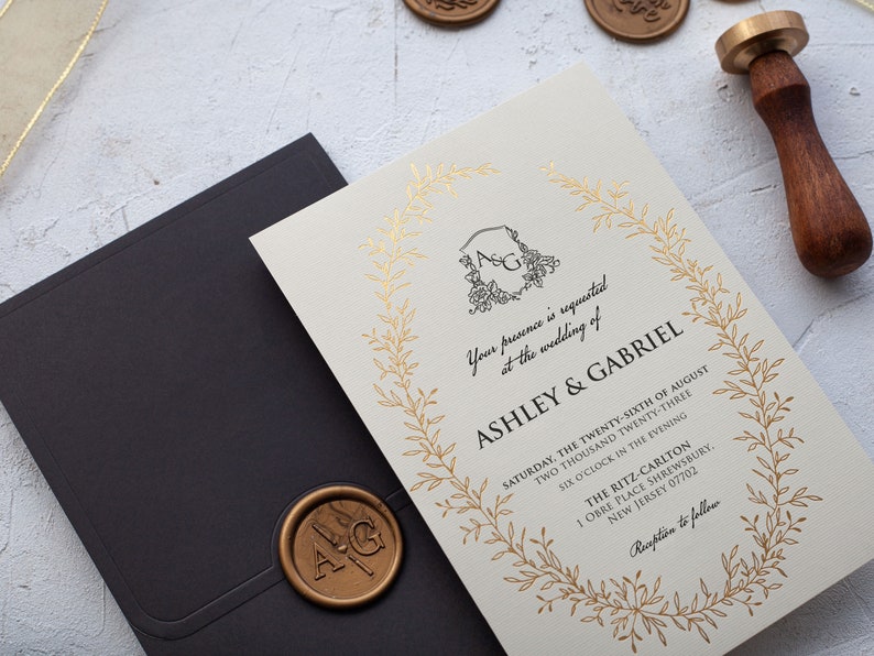 Vintage Black and Gold Wedding Invitations with Floral & Foil Frames image 3