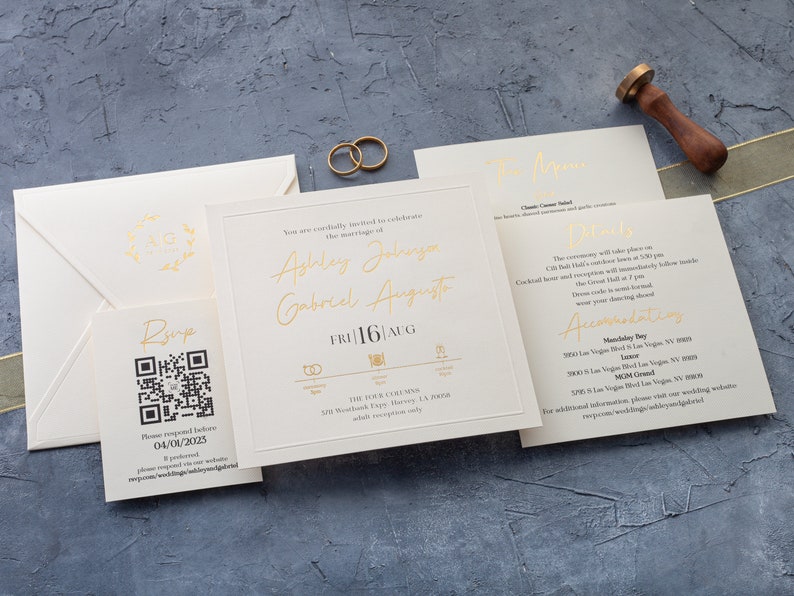 Ivory Wedding Invitations, Elegant Gold Foil on Premium Paper image 5