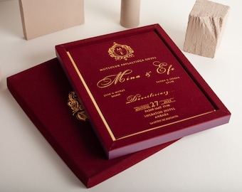 Velvet Boxed Wedding Invites, Red Velvet & Gold Foil Print