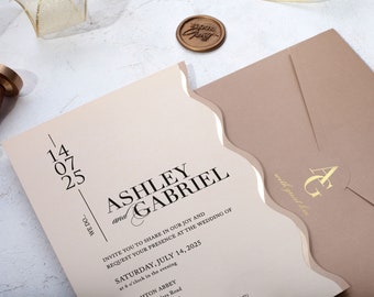 Beige and Gold Foil Luxury Wedding Invitation Set with Wavy Cut and Sand Beige Border