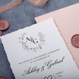 Pink Floral Wedding Invites with Deckled Edge, Stylish Minimalist Invitation Set for Reception. image 2