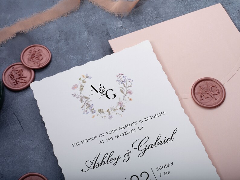 Pink Floral Wedding Invites with Deckled Edge, Stylish Minimalist Invitation Set for Reception. image 2