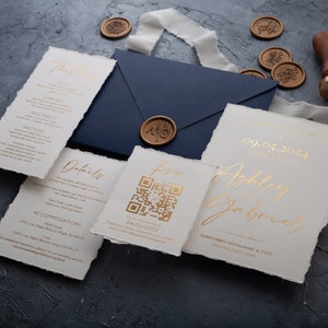 Deckled Edge Wedding Invitation with Gold Foil Print, Optionally Ribbon, Custom Wax Seal image 5