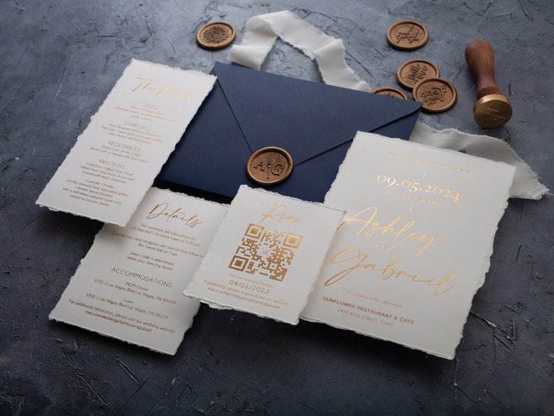 Deckled Edge Wedding Invitation with Gold Foil Print, Optionally Ribbon, Custom Wax Seal image 5