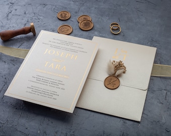 Ivory & Gold Foil Wedding Invitations featuring Dried Flowers, Wax Seal, and Elegance