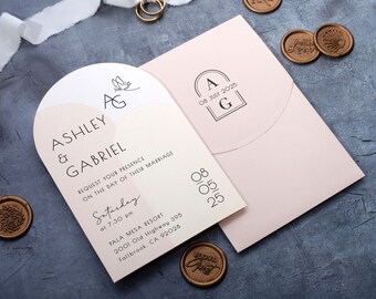 Boho-themed Wedding Invite, Arch Design, Modern Elegance, Light Pink Envelope for Reception