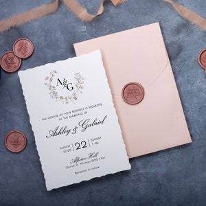 Pink Floral Wedding Invites with Deckled Edge, Stylish Minimalist Invitation Set for Reception. image 5