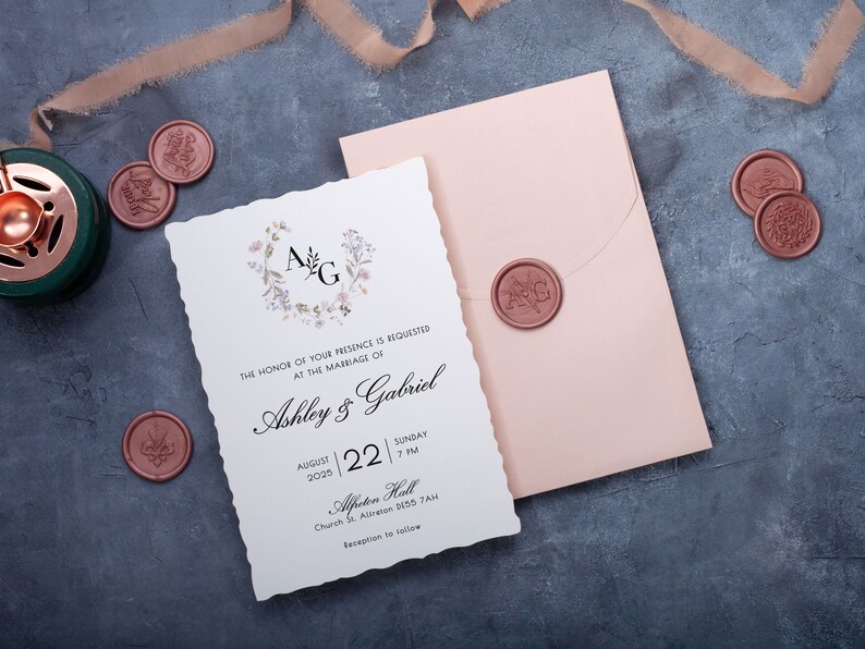 Pink Floral Wedding Invites with Deckled Edge, Stylish Minimalist Invitation Set for Reception. image 5