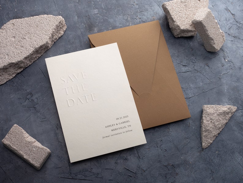 Save the Date: Embossed & Letterpress Card, Minimalist Design with Ecru Envelope image 5