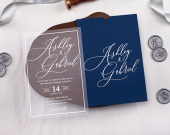 Personalized Navy Blue & Silver Acrylic Wedding Invitation with Elegant Silver Foil Printing