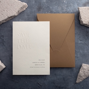 Save the Date: Embossed & Letterpress Card, Minimalist Design with Ecru Envelope image 2