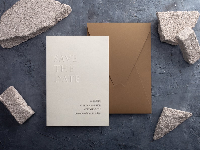 Save the Date: Embossed & Letterpress Card, Minimalist Design with Ecru Envelope image 2