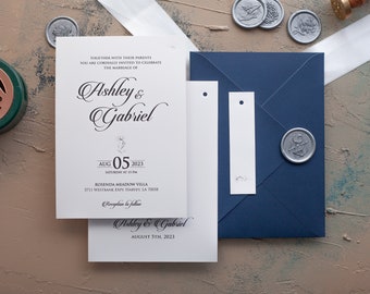 Wedding Invite with Minimalist Design, Guest Name Tag, Script, Ribbon and Envelope