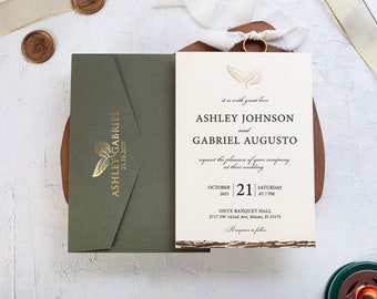 Khaki Green and Gold Foil Wedding Set with Stylish Ivory Reception Card