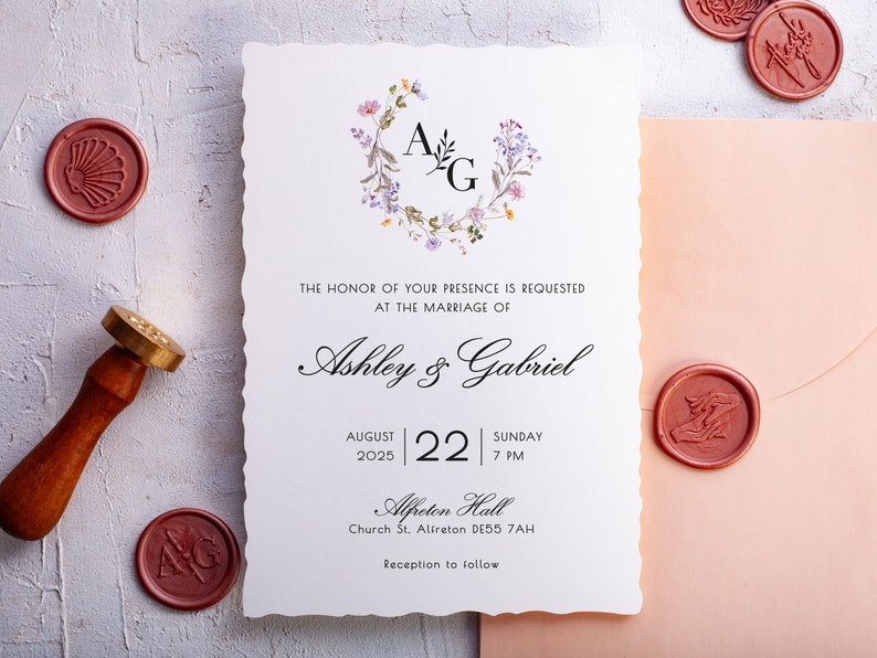 Pink Floral Wedding Invites with Deckled Edge, Stylish Minimalist Invitation Set for Reception. image 4