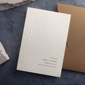 Save the Date: Embossed & Letterpress Card, Minimalist Design with Ecru Envelope image 3
