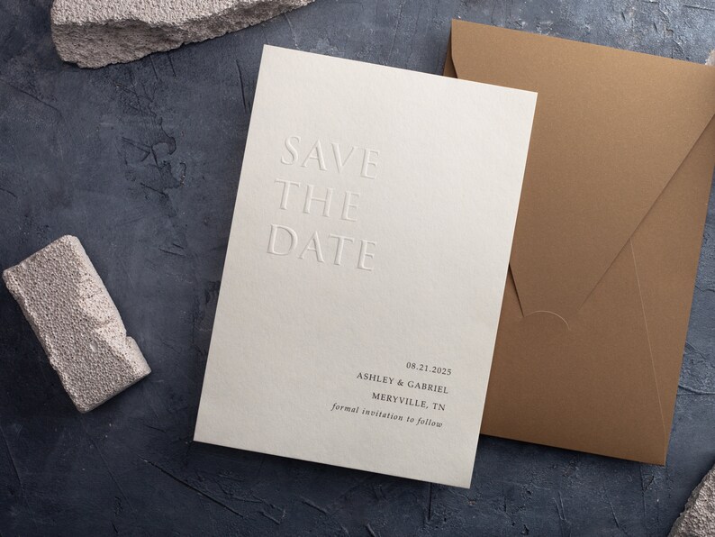 Save the Date: Embossed & Letterpress Card, Minimalist Design with Ecru Envelope image 3