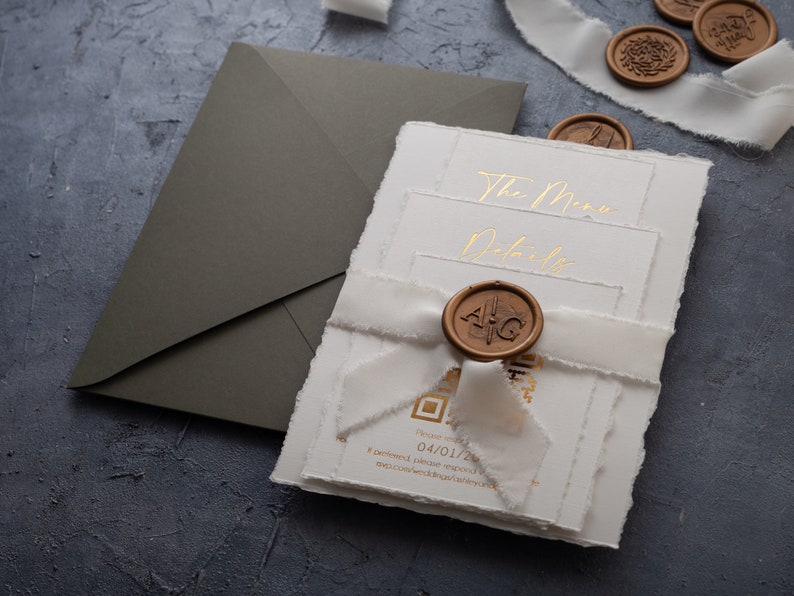 Deckled Edge Wedding Invitation with Gold Foil Print, Optionally Ribbon, Custom Wax Seal image 3