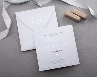 White Wedding Invites, Silver Foil on Nacreous Paper