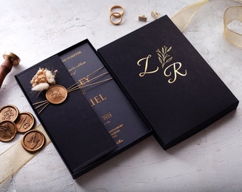 Black & Gold Box Wedding Invitation, Foil Acrylic Invite, Folded, Wax Seal, Dried Flowers.