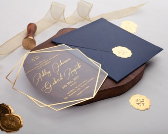 Navy Blue & Gold Acrylic Wedding Invitation with Gold Foil Print